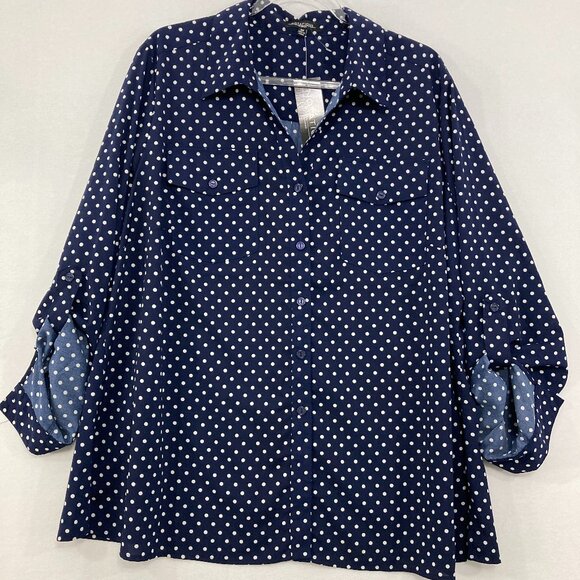 New Notations size 3X Navy White Polka Dot Rolled Sleeve Button Down Office - Picture 1 of 11